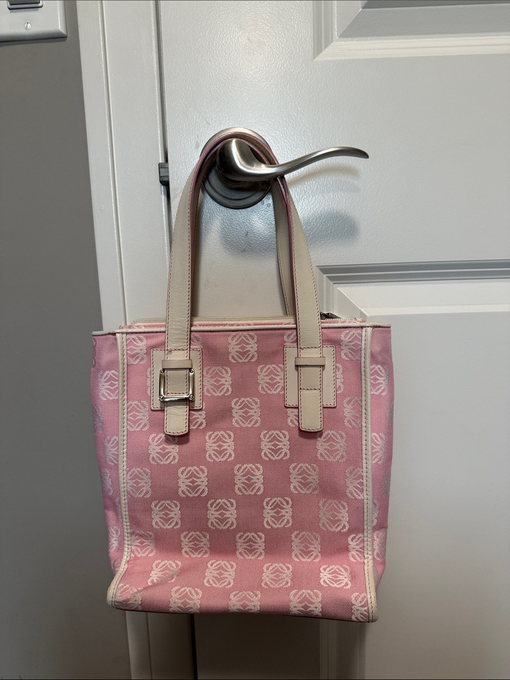 Loewe Pink Anagram Monogram Canvas Leather Tote Shoulder Bag